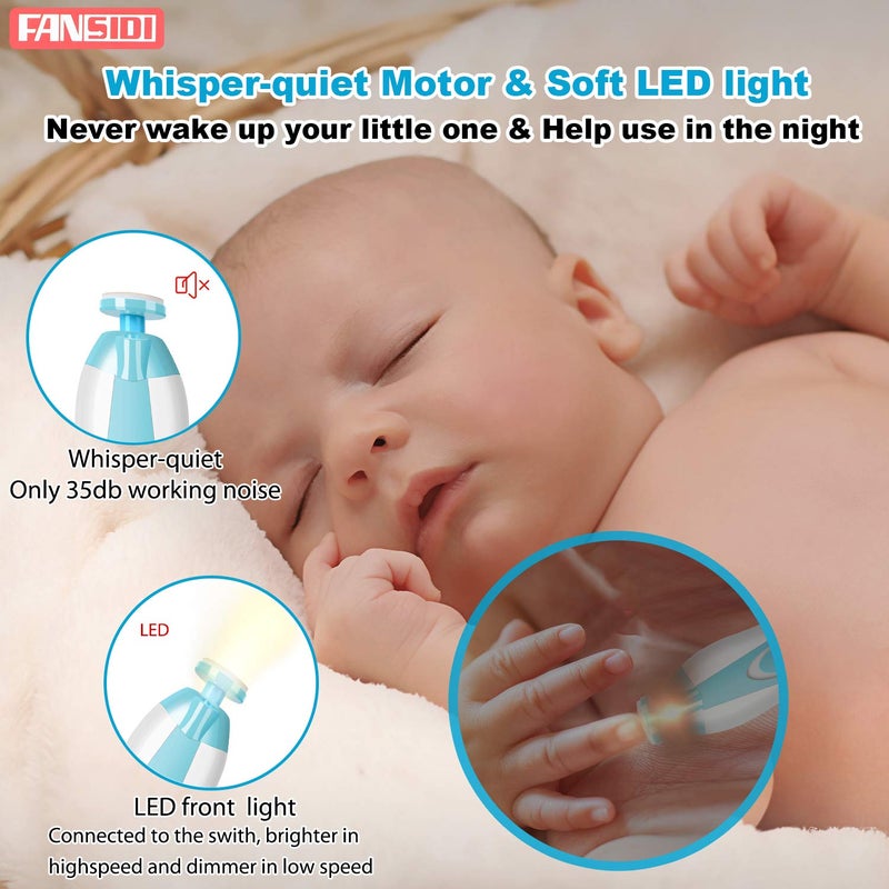 FANSIDI Baby Nail Trimmer Electric – Easy & Safe Baby Nail File Kit, Quiet LED Light, Multiple Speeds & Pads for Newborns, Infants, Toddlers & Adults, Perfect Baby Shower Gift - Image 3
